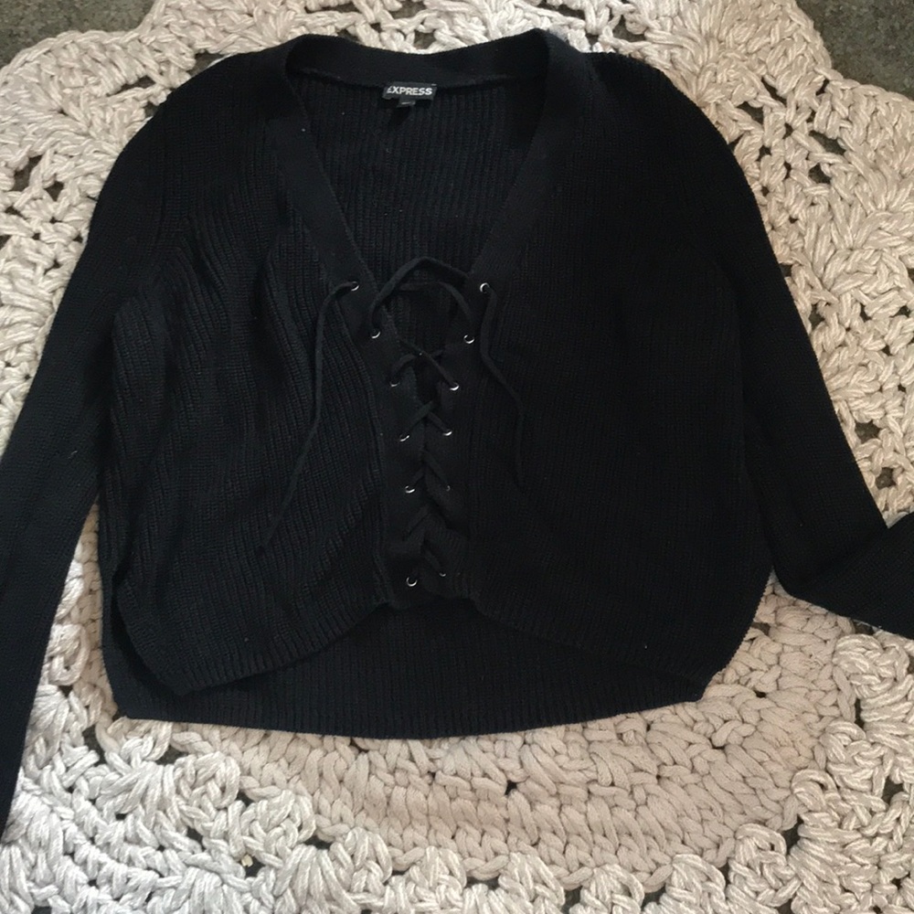 Cropped lace up black sweater
